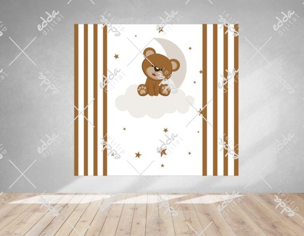 Ayıcık Temalı Çizgili Doğum Günü Afişi