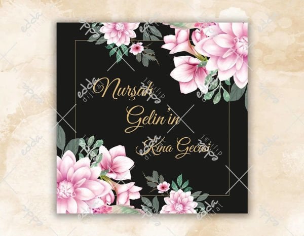 Yaprak ve Pembe Çiçek Desenli Kına Pisti Kaplaması