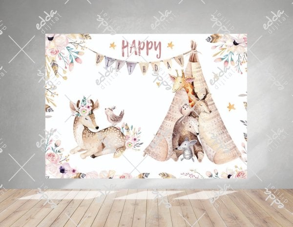Sevimli Hayvanlar ve Çadır Temalı Doğum Günü Afişi