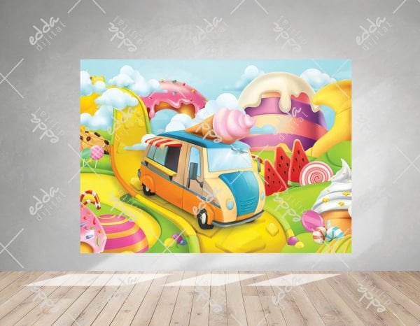 Pastane Temalı Arabalı Renkli Branda Afiş