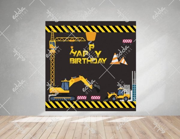 Siyah Renk Kare İnşaat Temalı Doğum Günü Afişi
