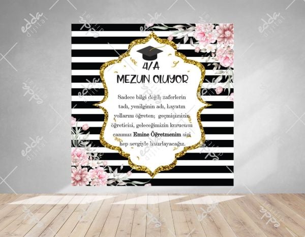 Siyah Çizgili Çiçekli Mezuniyet Afişi