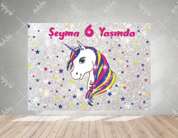 Unıcorn Temalı Çok Renkli  Kişiye Özel Tasarım Afiş