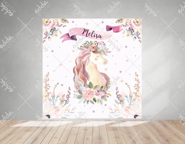 Unıcorn Temalı  Çiçekli  Parti Afişi