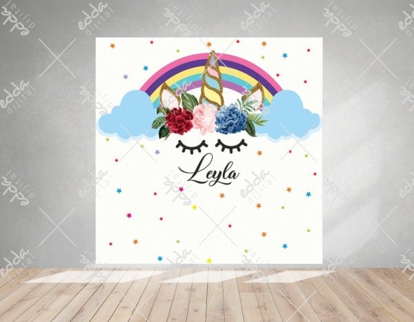 Unıcorn Konsept Mavi Bulutlu  Doğum Günü  Afişi