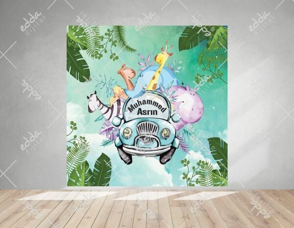 Arabalı Safari Hayvanları  Temalı Doğum Günü Afişi