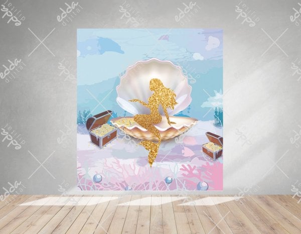 Deniz Kızı ve İstiridye Temalı Gold Renkli Parti Afişi