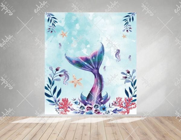 Deniz Kızı Kuyruk Temalı Çiçekli Parti  Afişi