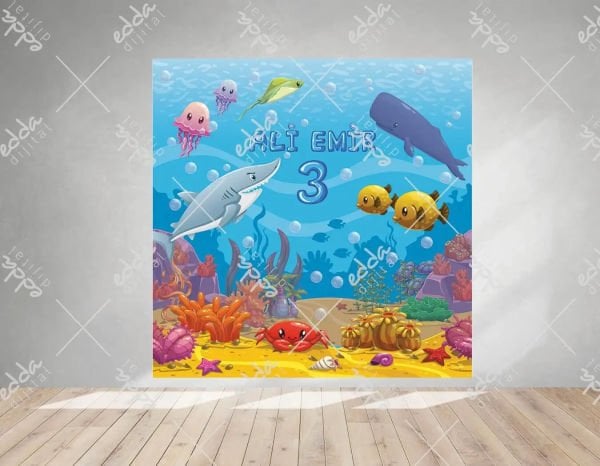 Deniz Kızı Konsept  Renkli Balıklar Doğum Günü Afişi