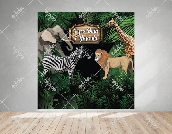 Safari Temalı Siyah Renk  Özel Tasarım Doğum Günü Afişi