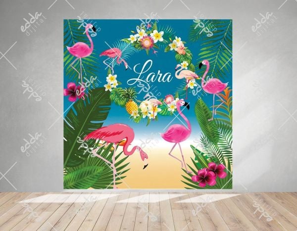 Flamingo ve Çiçek Baskılı Kare  Doğum Günü Afişi
