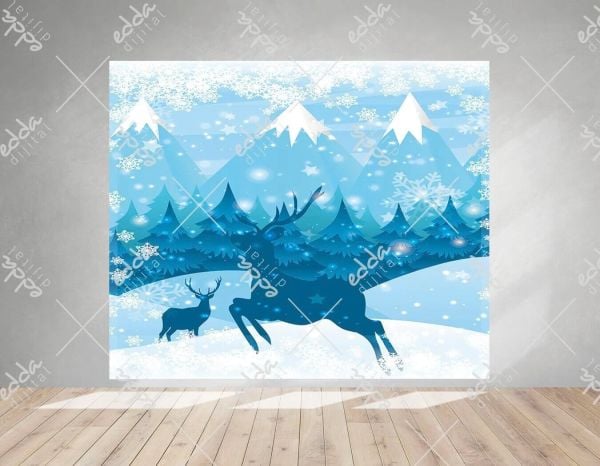 Mavi Renk Kar ve Geyik  Kış Konsept Afiş