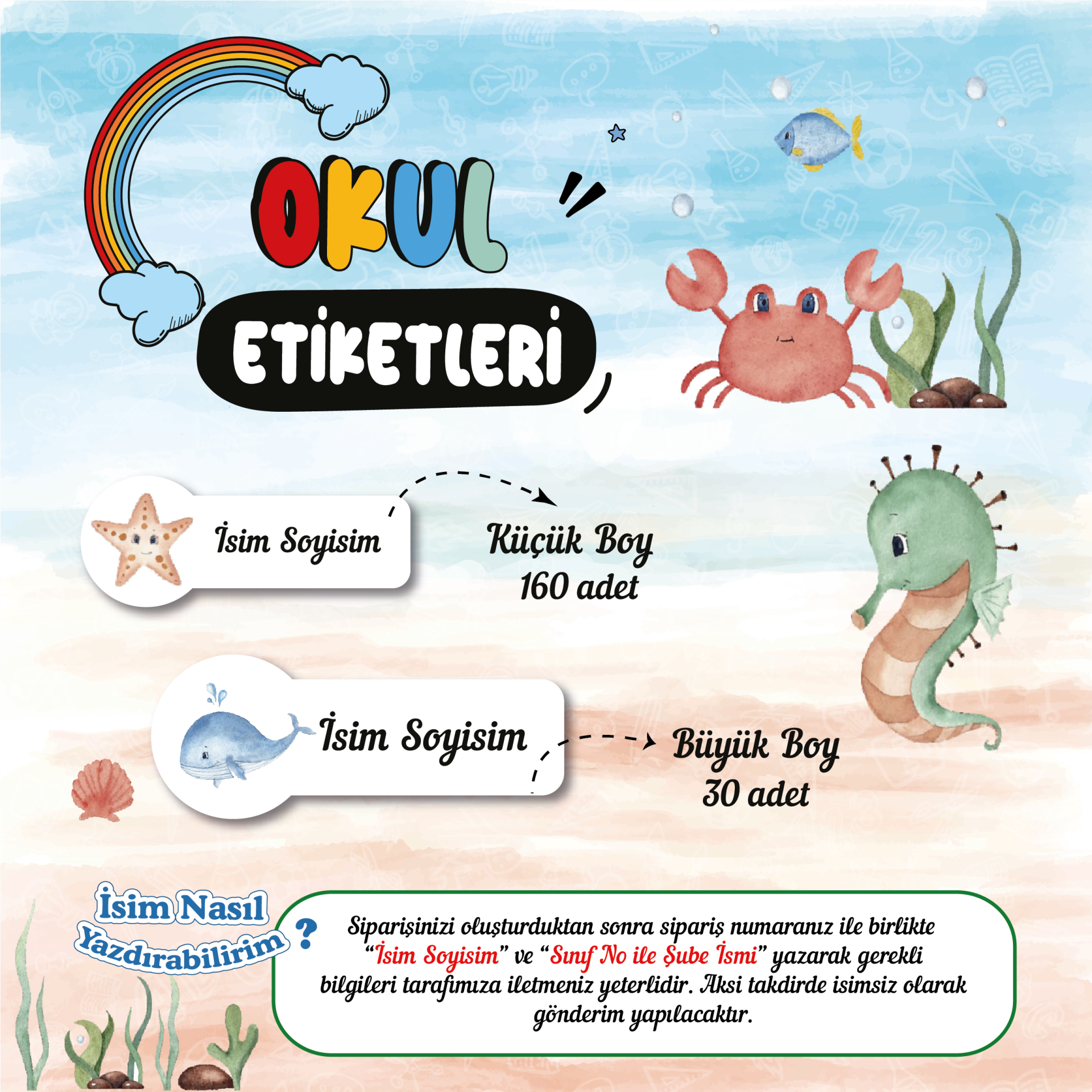 Denizaltı Temalı Okul Etiketleri