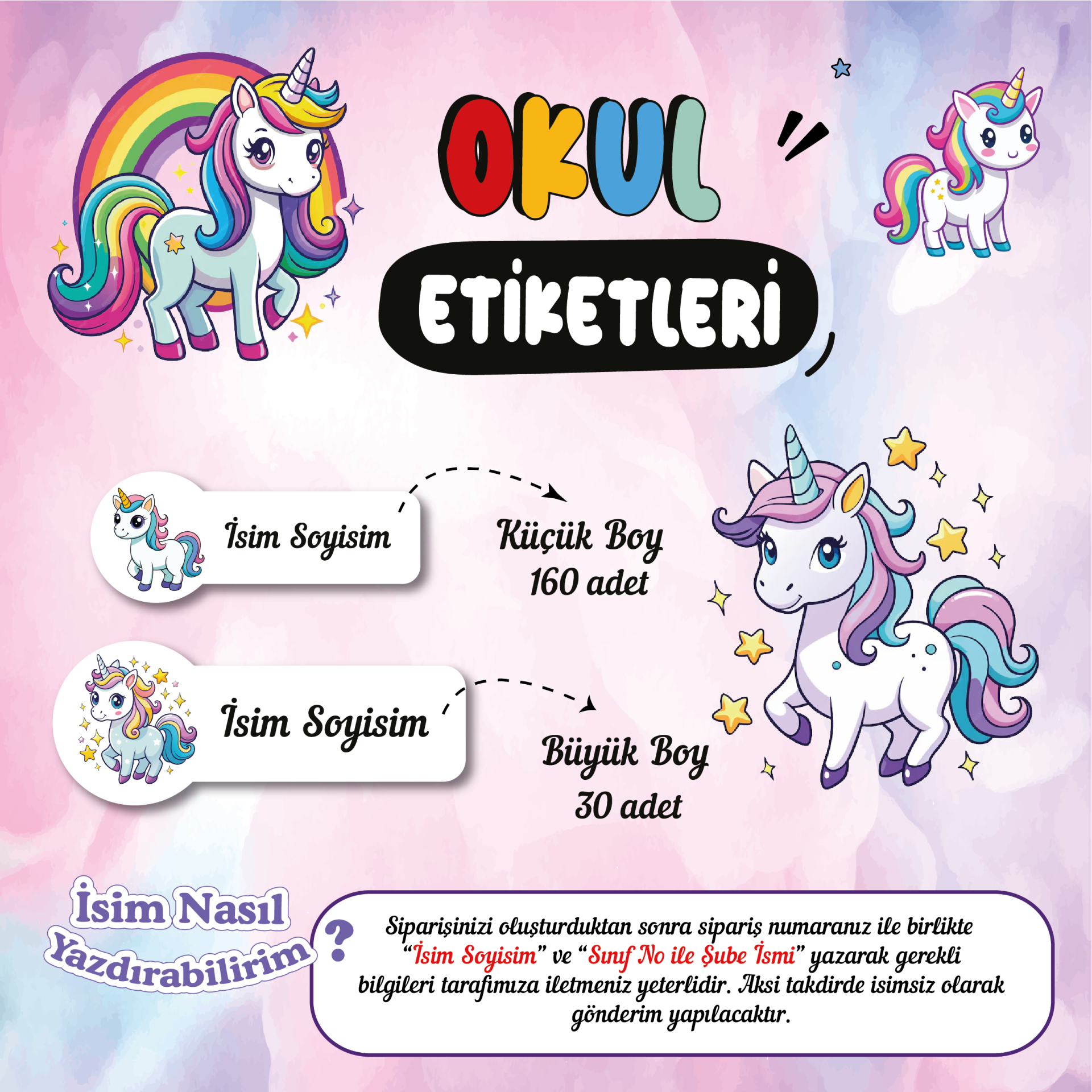 Unicorn Temalı Okul Etiketleri