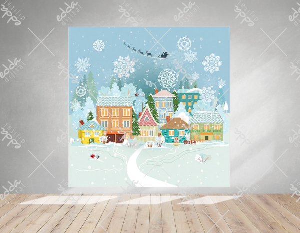 Renkli Evler ve Kış Konsepti Temalı  Doğum Günü Afişi