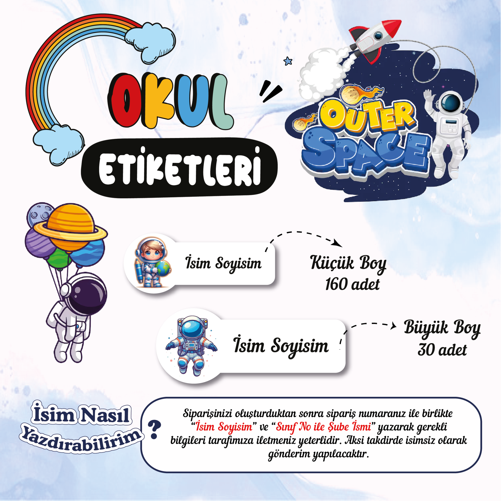Astronot Temalı Okul Etiketleri