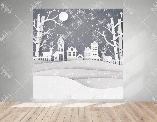 Kış Konsepti Evler Ve Geyik Temalı   Afiş