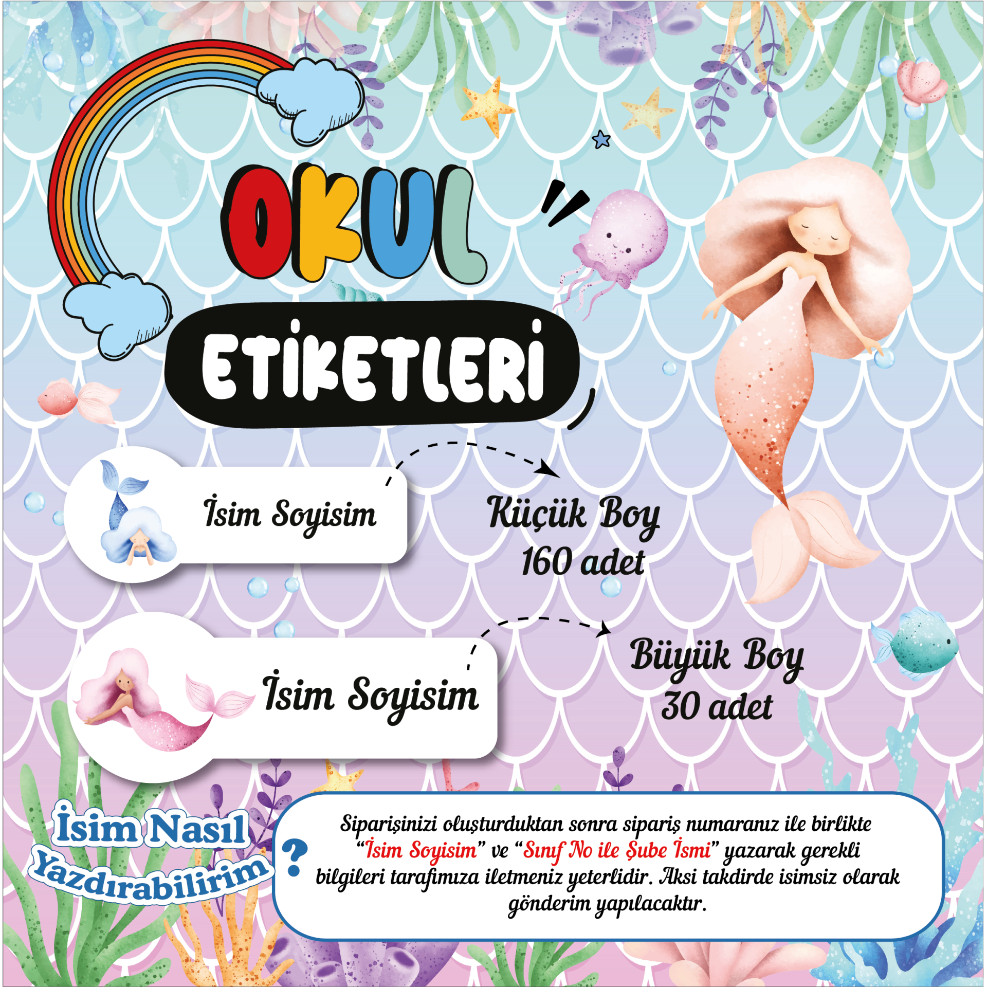 Deniz Kızı Temalı Okul Etiketleri