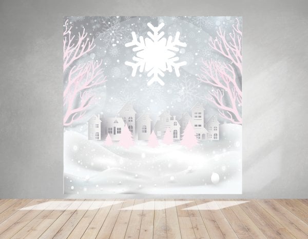 Kış Konsepti Pembe ve Beyaz Kar Taneli Afiş