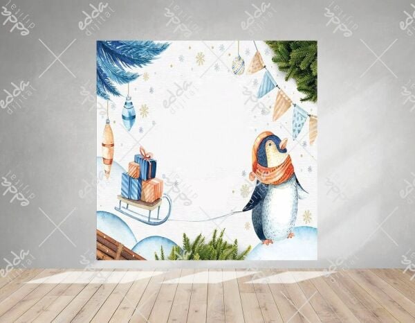 Hediye ve Penguen Temalı Kış Konsepti Branda  Afiş