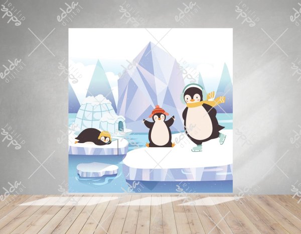 Penguenler ve Buzul Özel Tasarım Kış Konsepti Afişi
