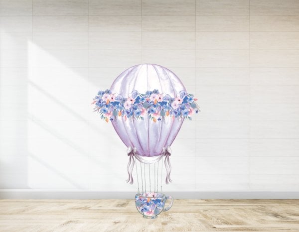 Mor Çiçekli Fincan Balon  Ayaklı Pano