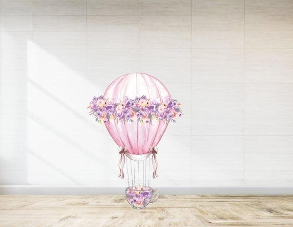 Pembe Çiçekli Fincan Balon Temalı  Ayaklı Pano