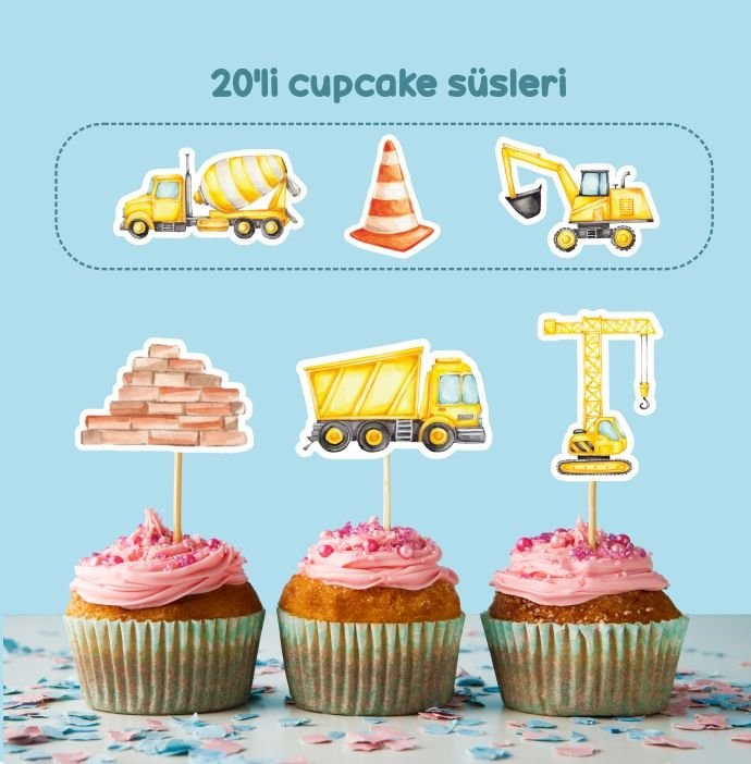 İnşaat konseptli cupcake süsü