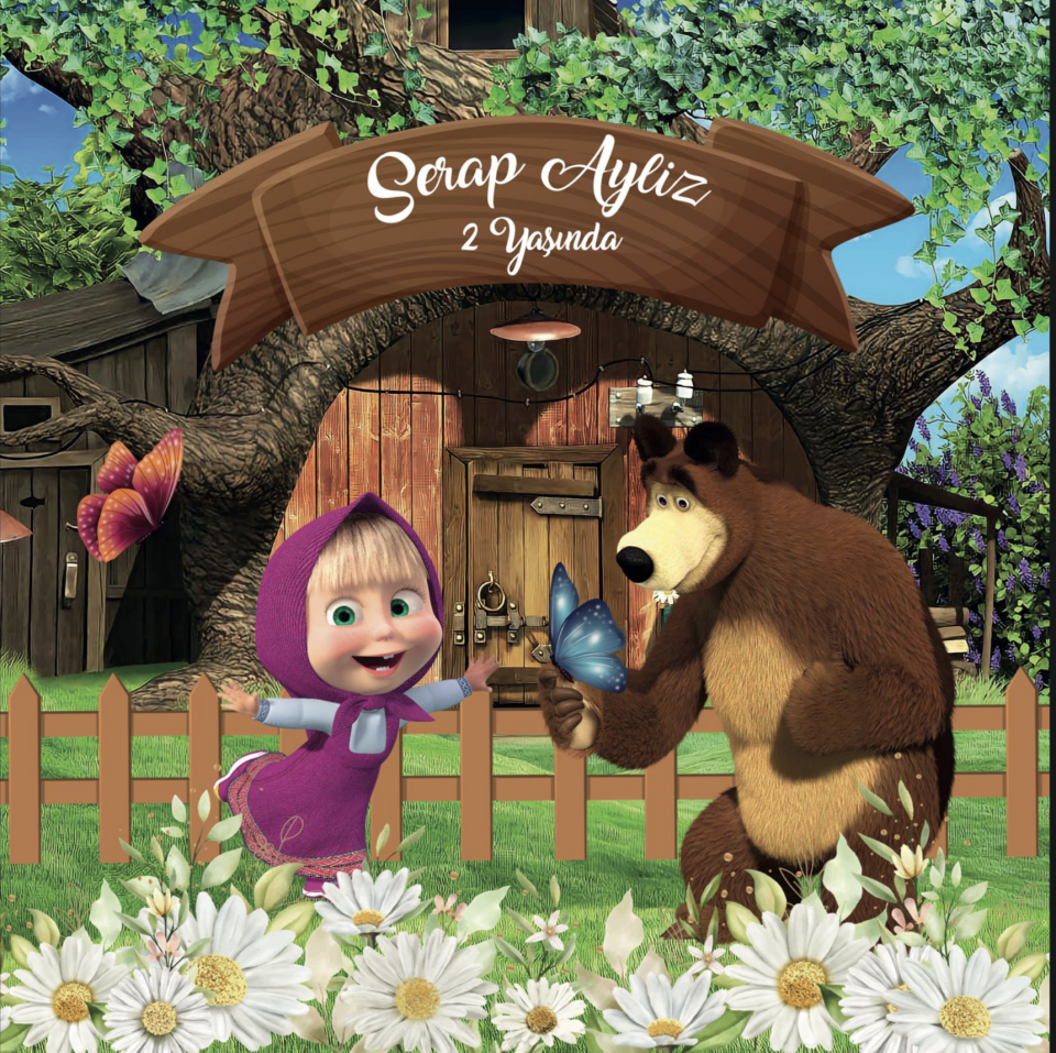 Maşa Koca Ayı Temalı Doğum Günü Afiş