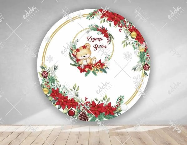 Ayıcık ve Kırmızı Çiçekler Temalı  Yuvarlak   Afiş