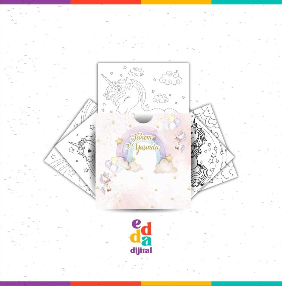 Unicorn Temalı Boyama Kartları