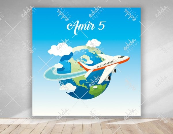 Dünya ve Uçak Temalı  Doğum Günü  Afişi