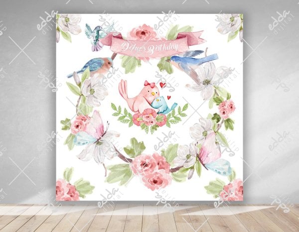 Doğa Çiçek ve Kuş Temalı Doğum Günü  Afişi