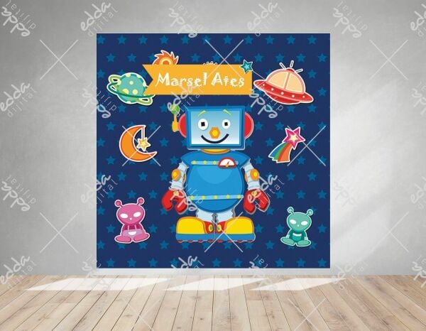 Uzay Temalı Robot Basıkılı Doğum Günü Afişi