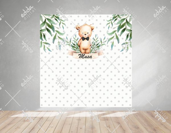 Yapraklı ve Ayıcıklı Doğum Baby Shower Afişi