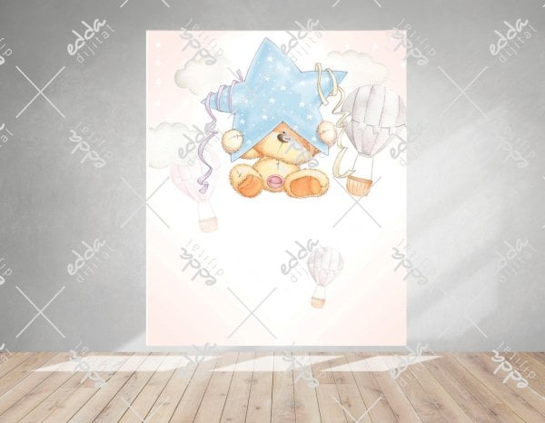 Mavi Yıldızlı Ayıcık Baby Shower Temalı  Parti Afişi
