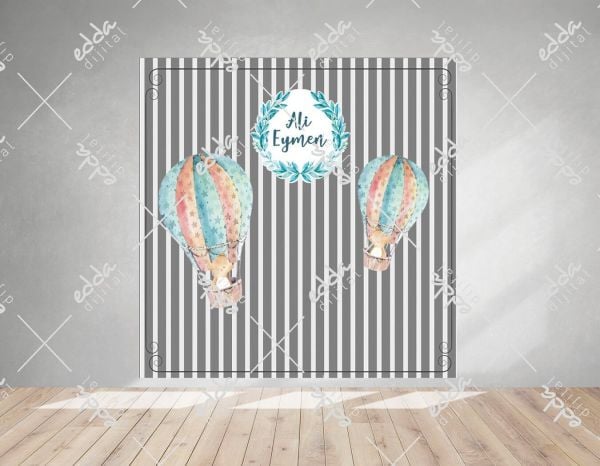 Kare Şerit Desenli Balonlu Mavi  Baby Shower Afişi