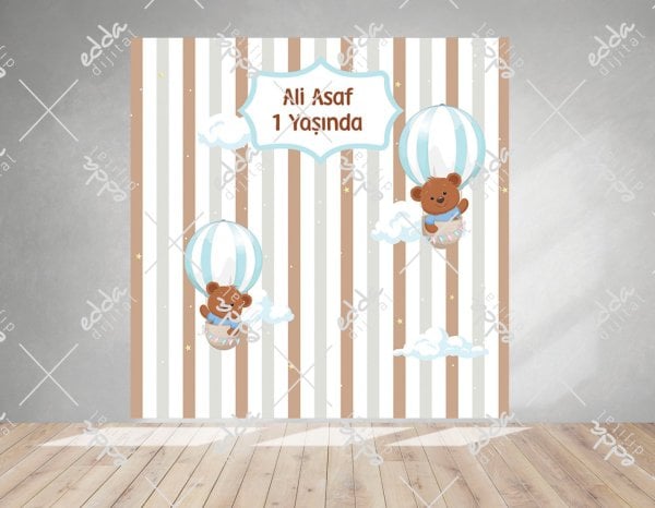 Ayıcık ve Balon Temalı Kare  Parti Afişi