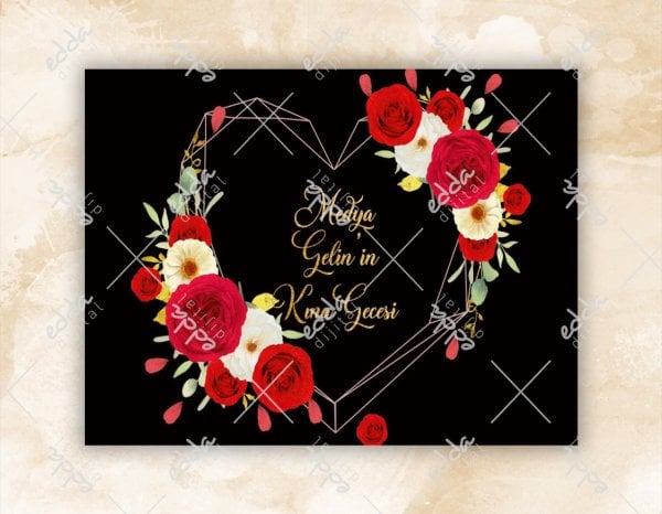 Kalp Temalı Çiçekli Kına Pisti Kaplaması