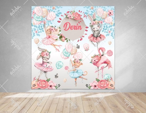 Balerin Temalı Çiçekli  ve Flamingolu  Afiş