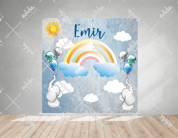 Gökkuşağı  ve Balonlu Fil Temalı Parti Afişi