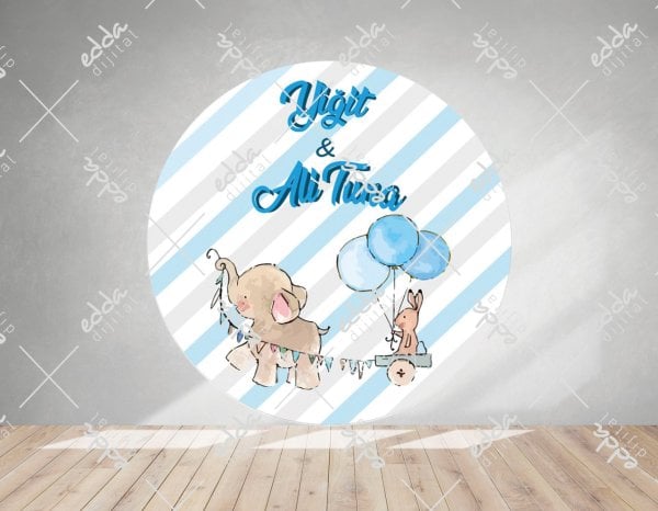 Mavi Renkli Balonlu Fil Temalı Yuvarlak  Afiş