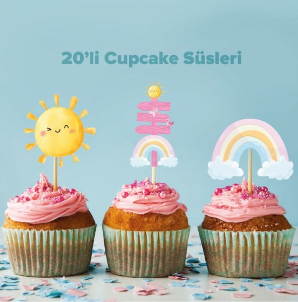 Güneş Gökkuşağı Konseptli Cupcake Süsü