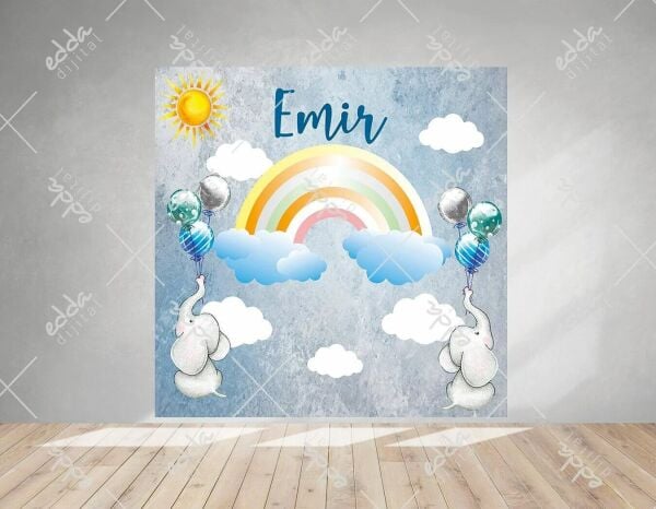 Gökkuşağı Temalı Balonlu Doğum Günü Afişi