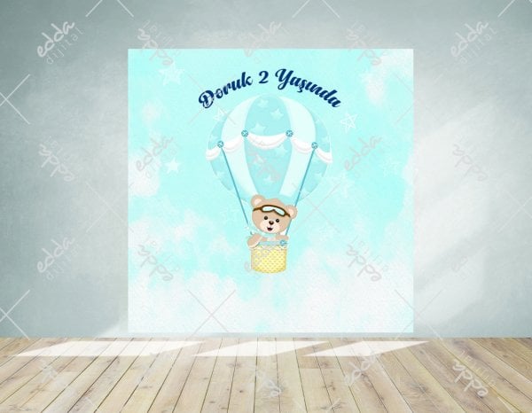 Balon ve Ayıcık Temalı Mavi Doğum Günü Afişi