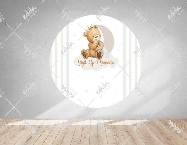 Ayıcık Temalı Çizgili Baby Shower Afişi