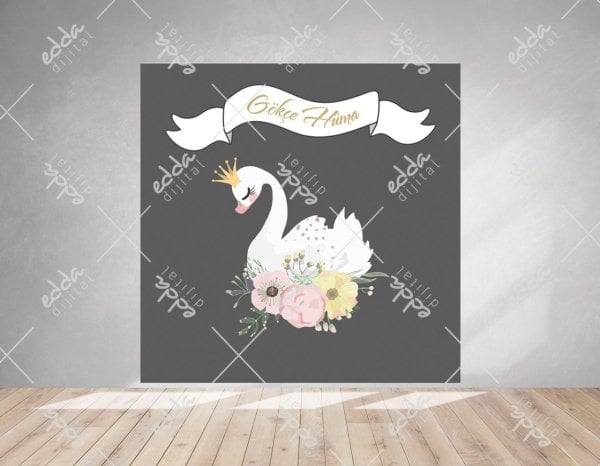 Siyah Tema Çiçekli Kuğu Doğum Günü Afişi