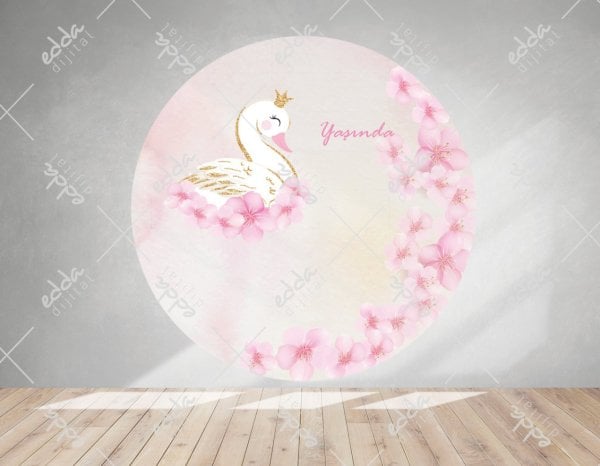 Pembe Çiçekli Kuğu Temalı Doğum Günü Afişi