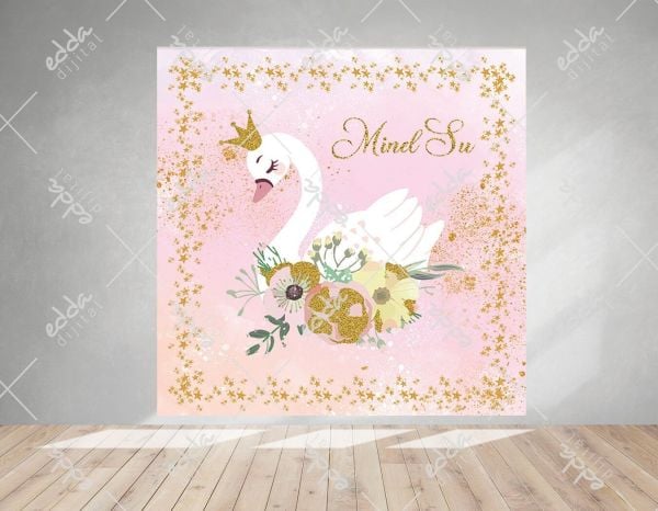 Çiçekli Kare Kuğu Temalı Doğum Günü Afişi