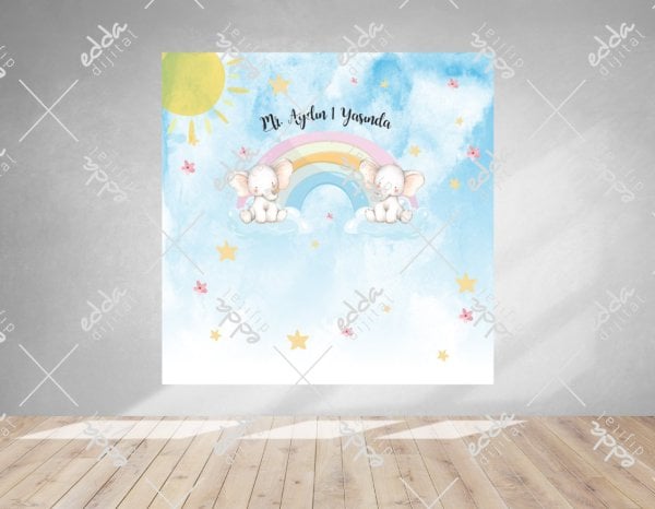 Gökkuşağı ve Fil Temalı Doğum Günü Afişi